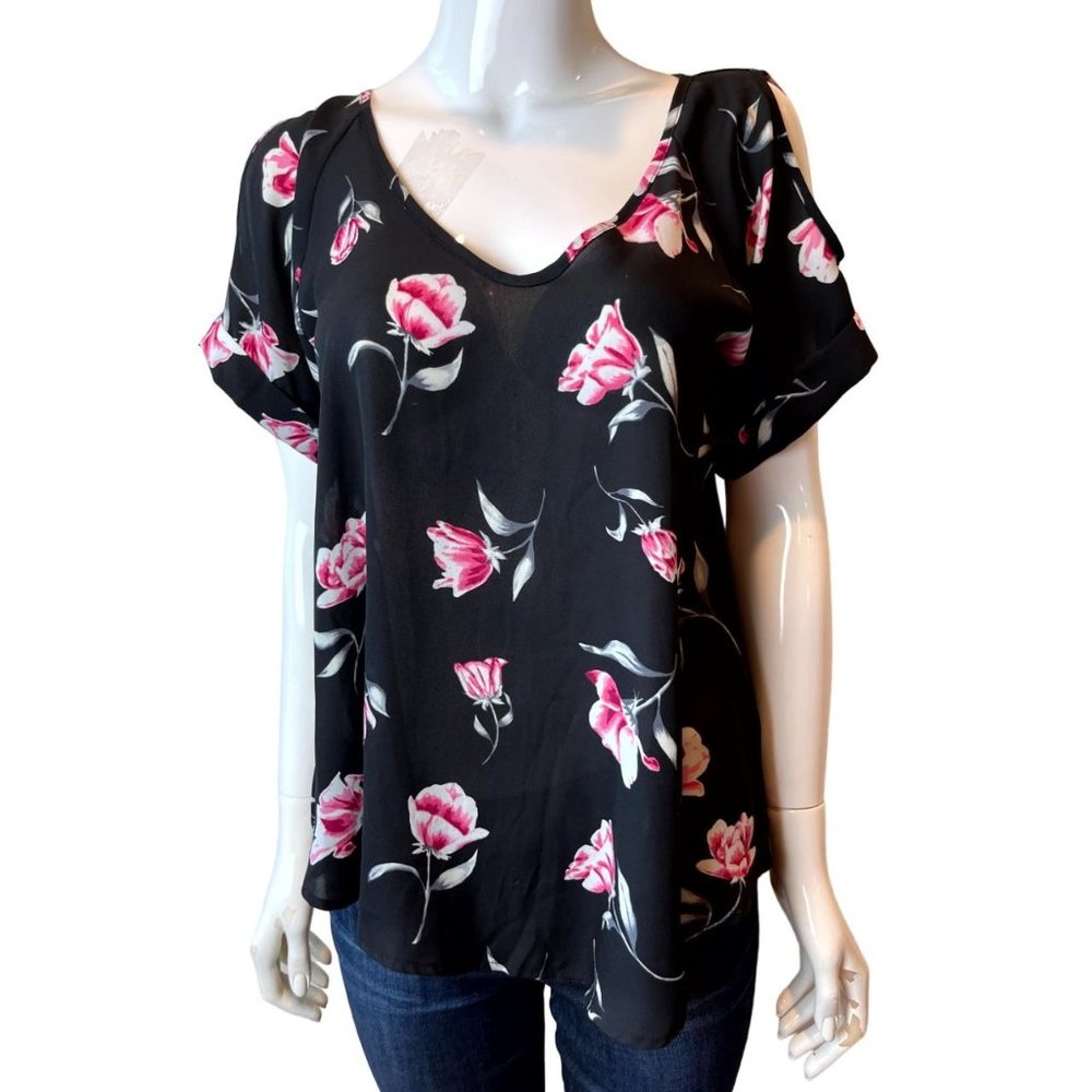 Sienna Sky Women's Floral Cold Shoulder Blouse Top V Neck Black Size Small